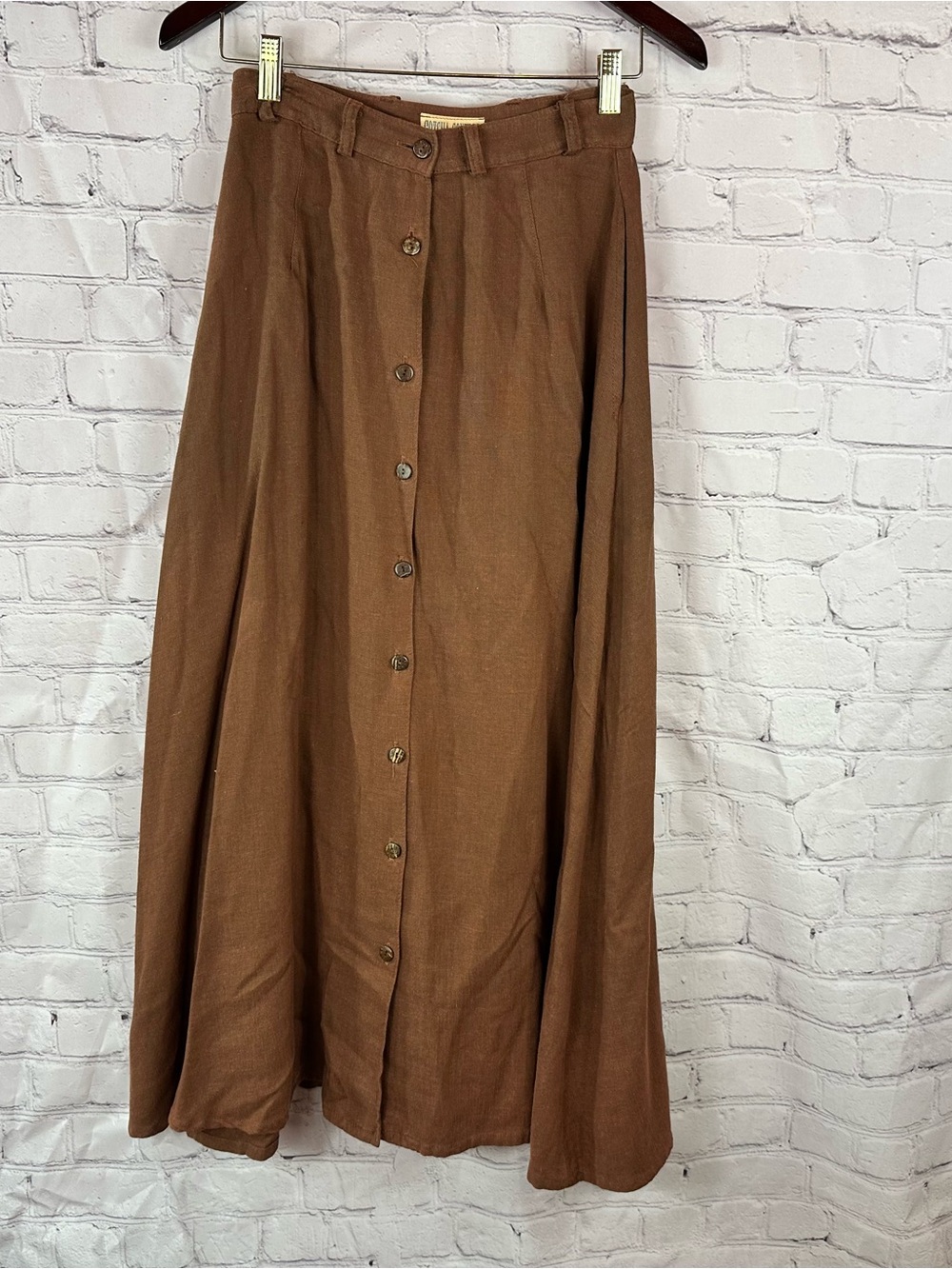 vtg gotcha covered Button-Front Brown Midi a-line Skirt women 6 flax minimalist